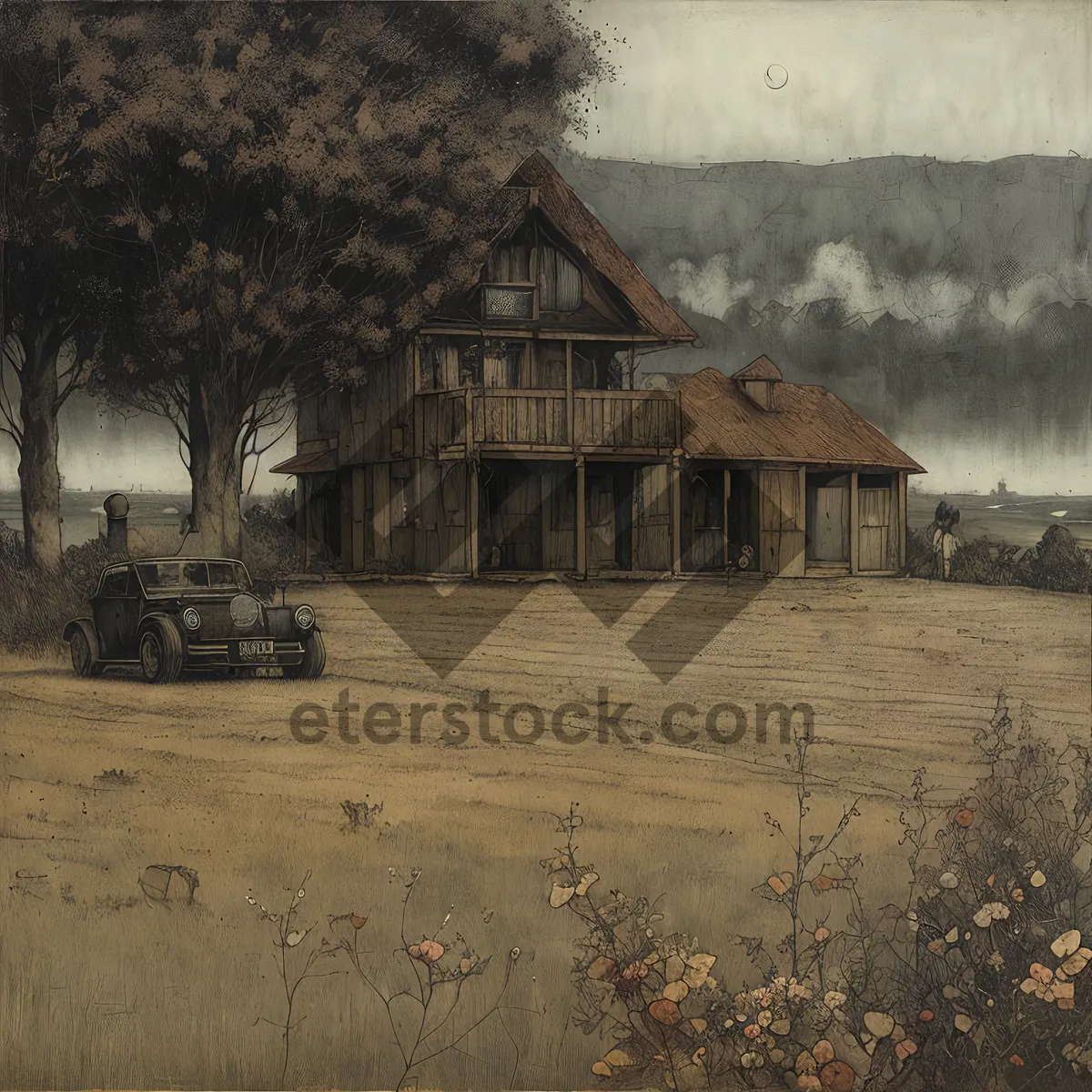 Picture of Rustic Country Farmhouse with Old Barn and Trees