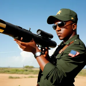 Male Aviator with Bazooka Launcher in Military Uniform