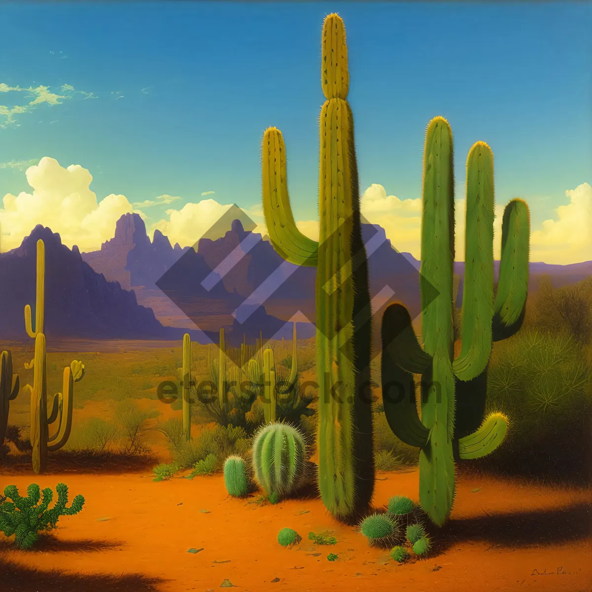 Picture of Saguaro sunset: Majestic desert cacti landscape.