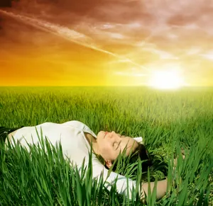 Sunlit field with cloudy sky and person