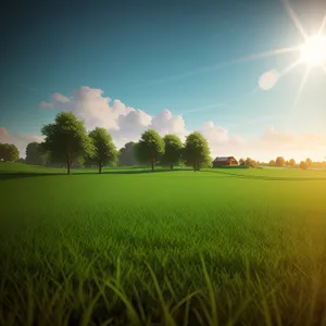 Sunny Rural Landscape with Rolling Meadows and Clear Sky