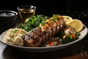 Grilled steak with roasted vegetables and savory sauce