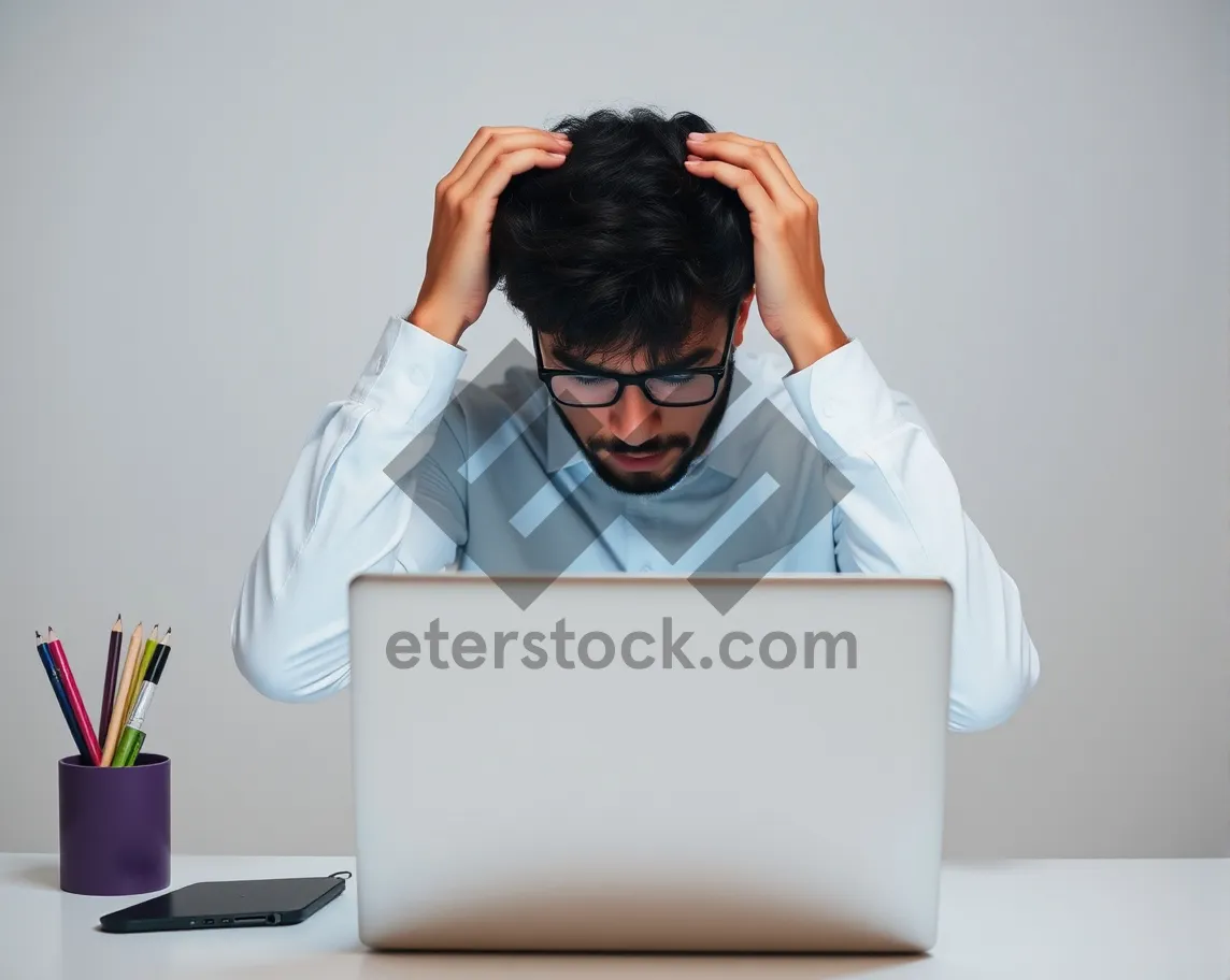 Picture of Happy businessman working on laptop at home office.