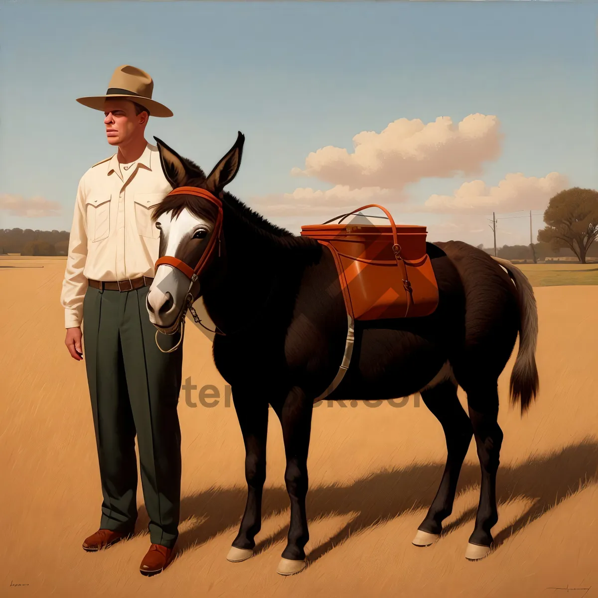 Picture of Horseback Cowboy Riding in Rural Field