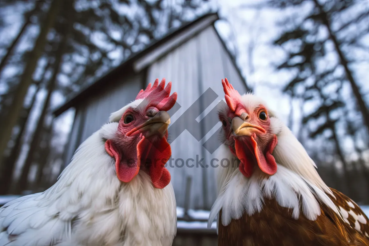 Picture of Portrait of a colorful rooster on a farm.