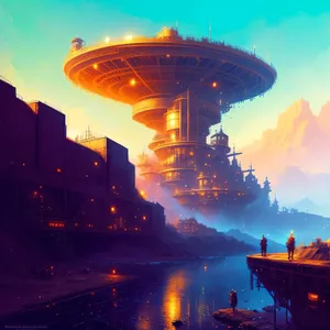 Radiant Skyline at Dusk: Golden Cityscape and Airship