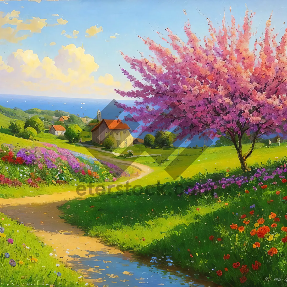 Picture of Blossoming countryside grove under blue spring sky