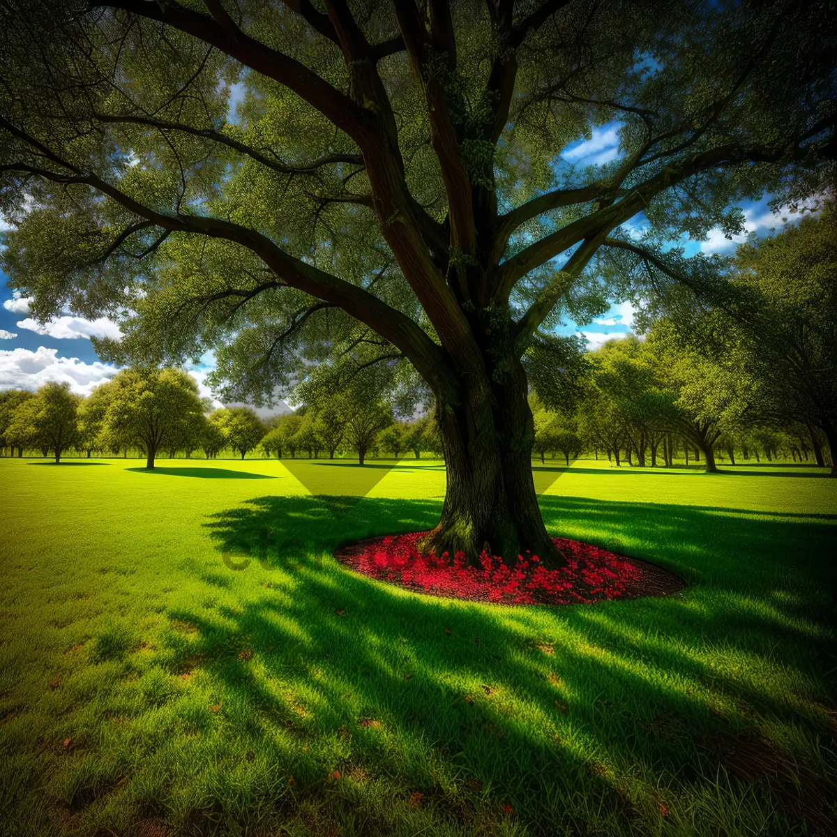 Picture of Serene Woodland Path amidst Lush Foliage and Towering Trees