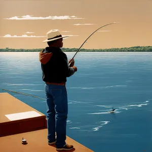 Male fisherman with fishing rod by the ocean.