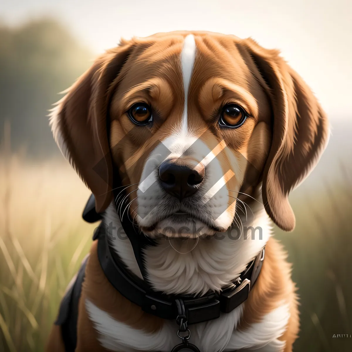 Picture of Adorable Beagle Puppy with Collar Sitting and Looking