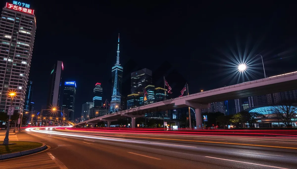 Picture of City skyline hustle at night with speeding cars.