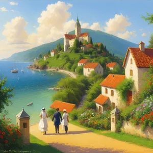 Old villa by the river in summer landscape