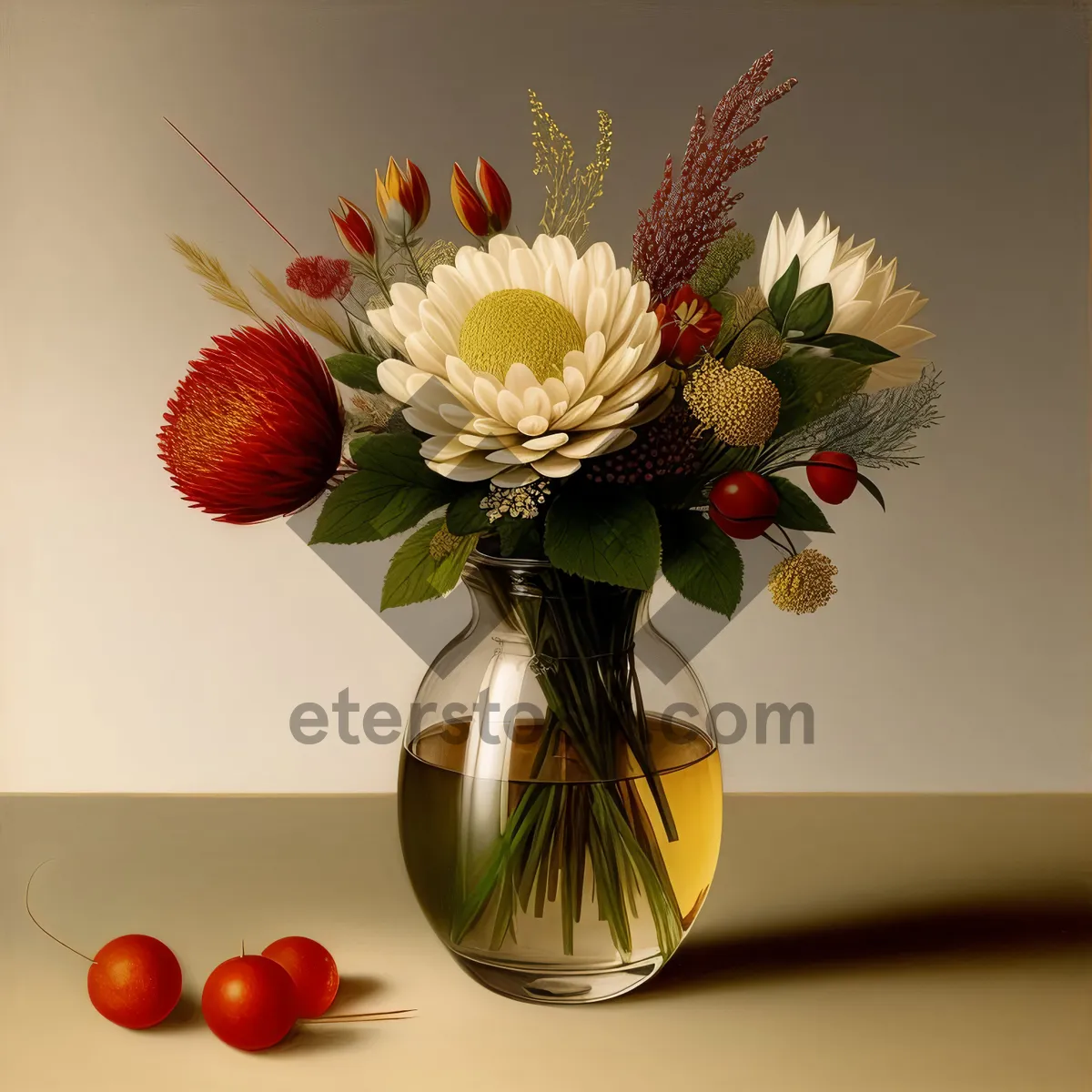 Picture of Colorful summer bouquet of fresh strawberries in vase