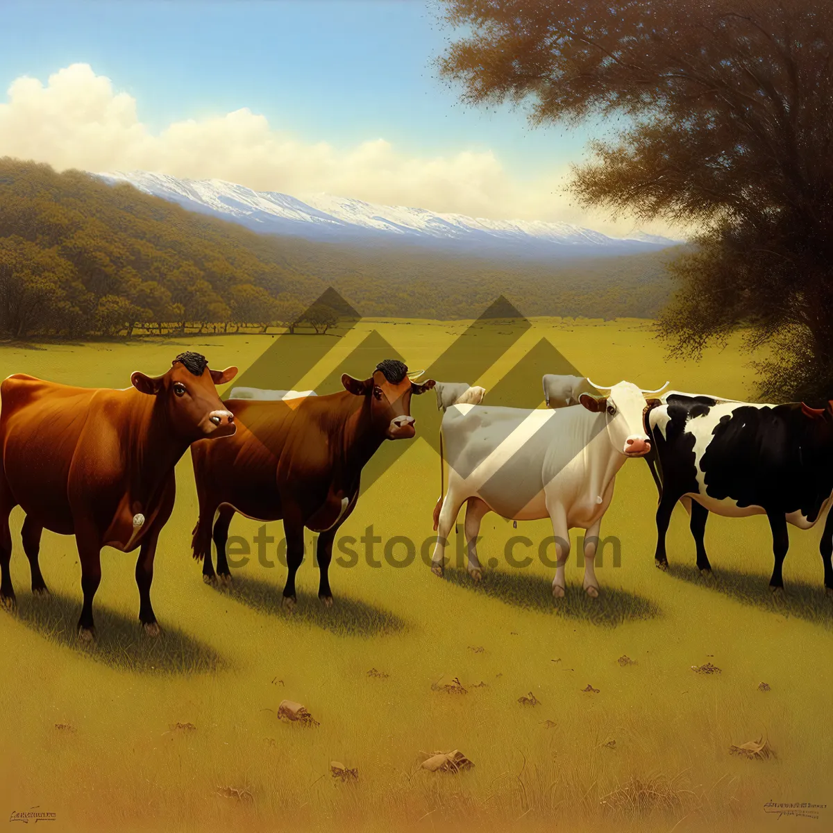 Picture of Rural Meadow Grazing | Cattle, Horses, and Pastoral Landscape