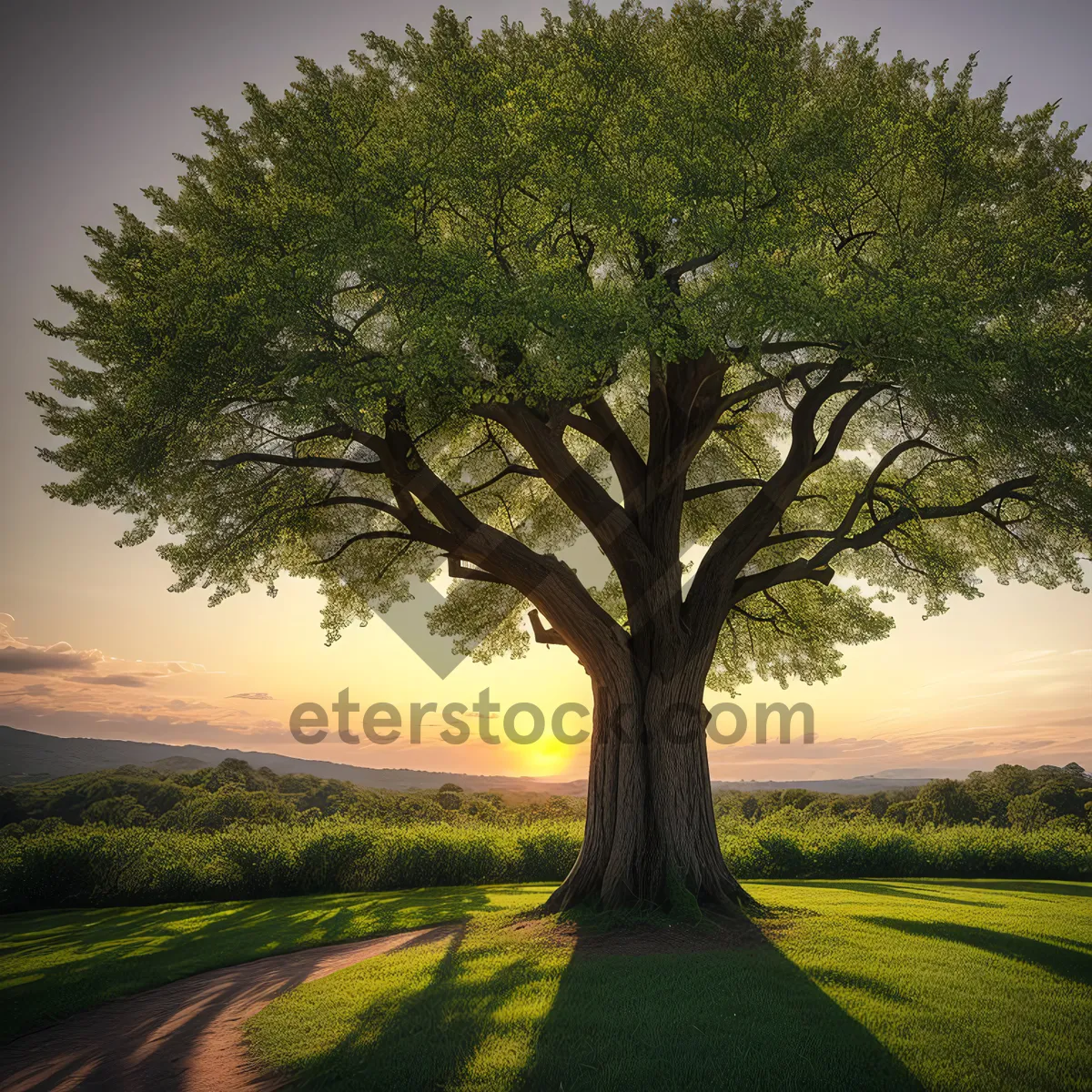 Picture of Serene Woodland Landscape with Rustic Oak and Lush Greenery