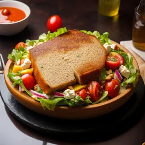 Delicious gourmet chicken dish with roasted vegetables and bread