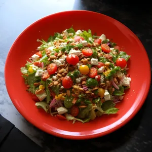 Healthy gourmet salad with fresh organic vegetables and legumes