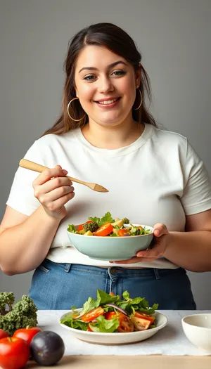 Attractive adult enjoying a fresh vegetable salad meal.