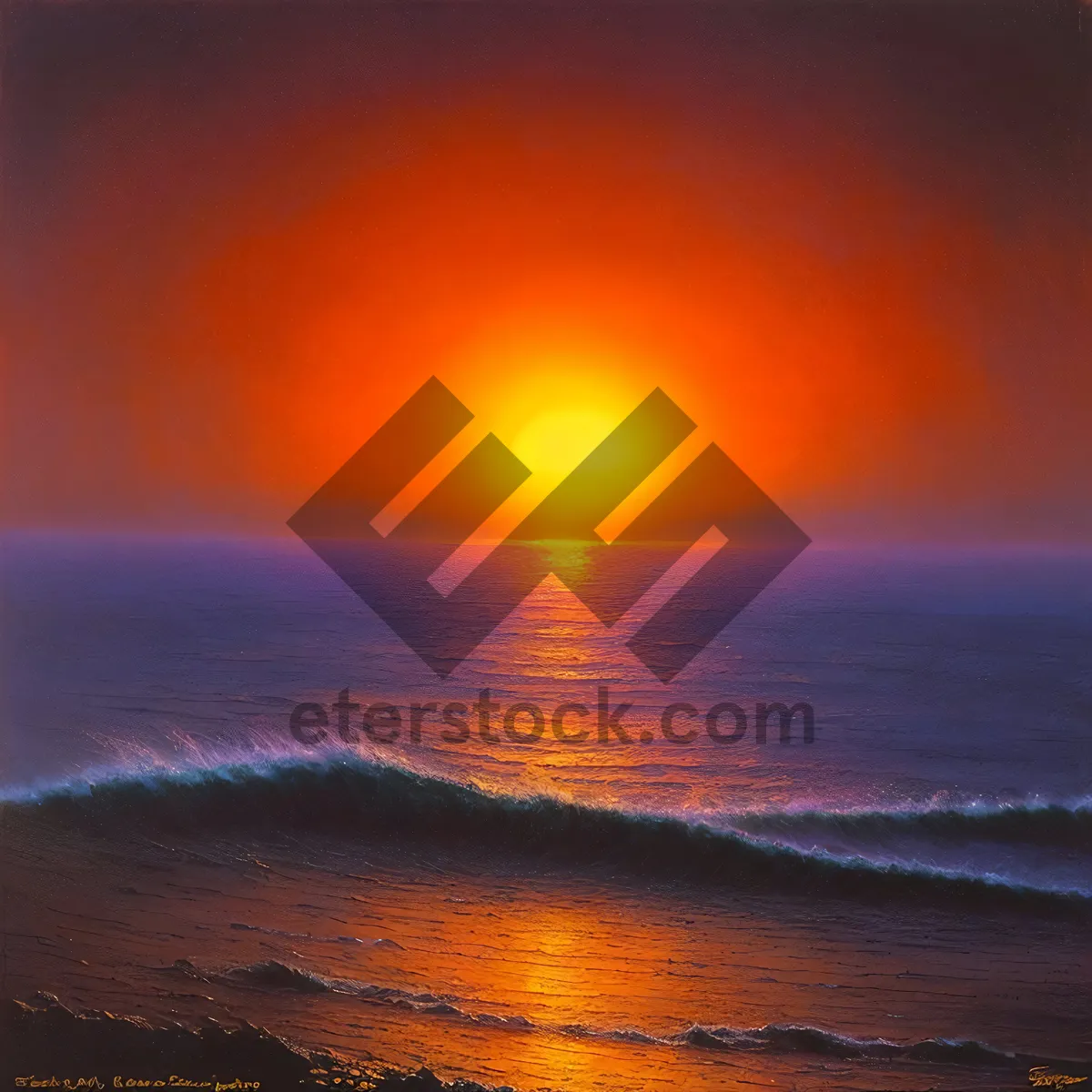 Picture of Orange sunset silhouette over tropical beach with waves.