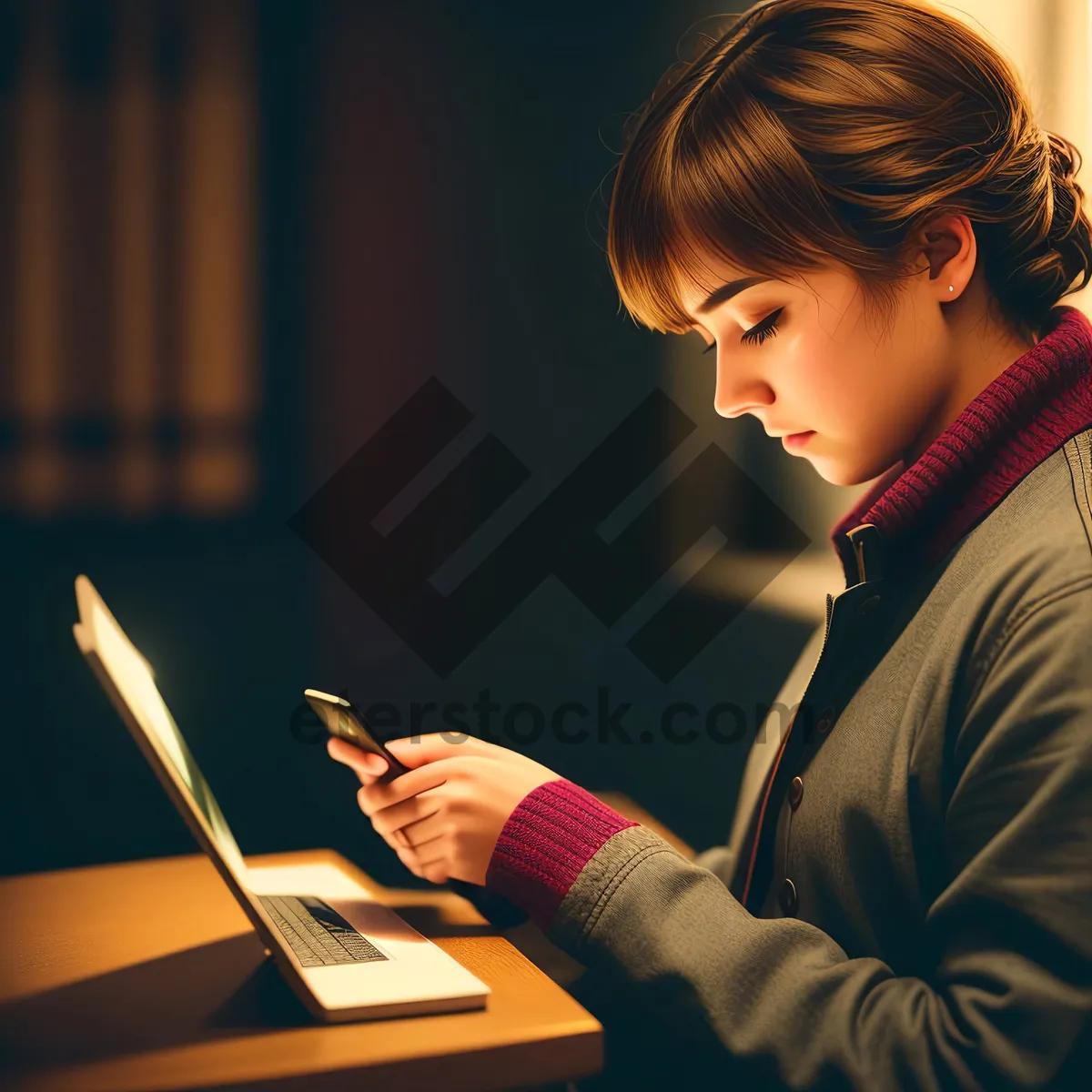 Picture of Happy businesswoman working on laptop in office.