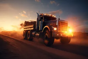 Commercial truck driving on highway under blue sky