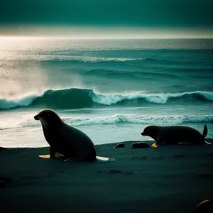 Sunset Serenade: Majestic Sea Lion on Sandy Beach