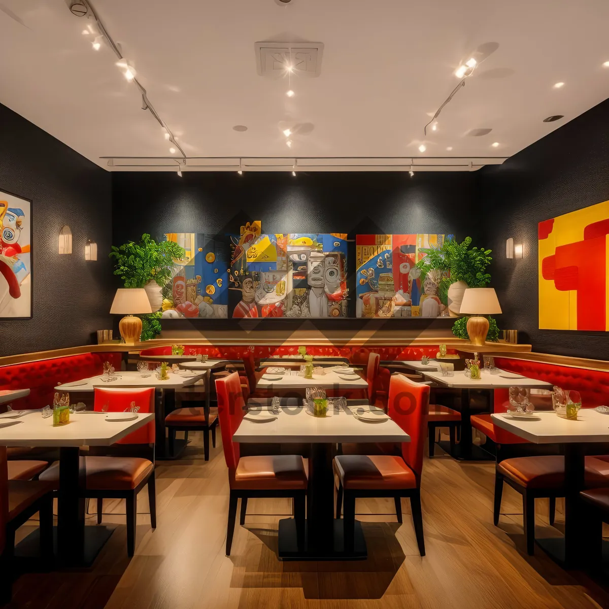 Picture of Modern restaurant interior design with luxury furniture and light fixtures.