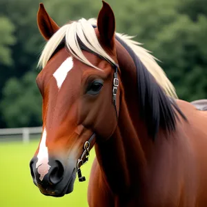 Majestic Brown Stallion in Green Pasture