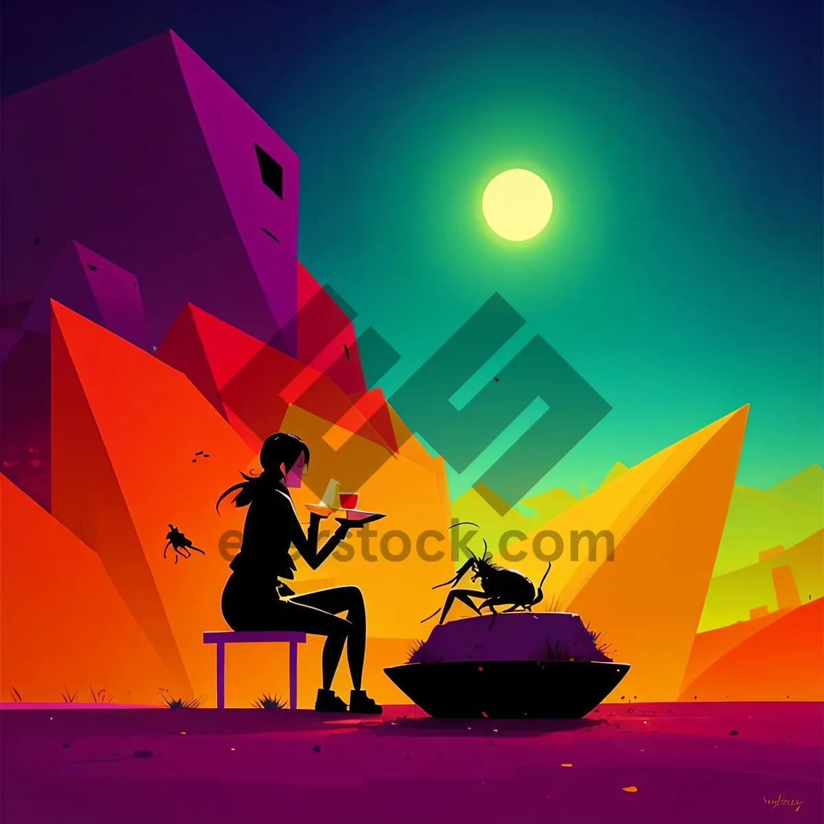 Picture of Orange Moon Icon with Silhouette Pyramid Design