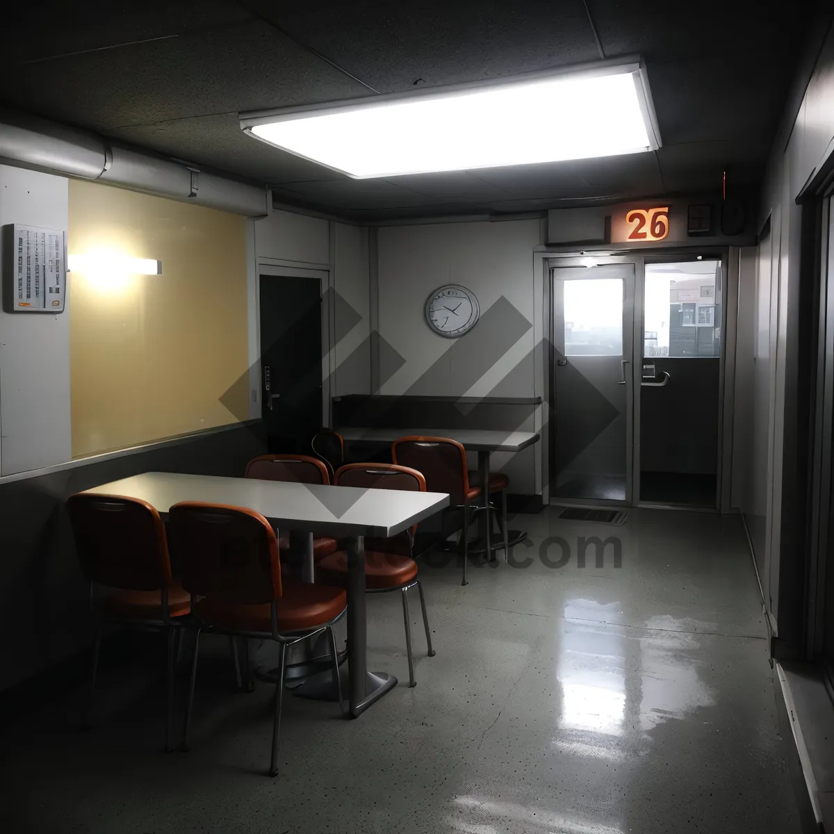 Picture of Modern kitchen interior with wooden furniture and lamp