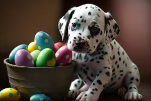 Cute child playing with domestic Dalmatian dog