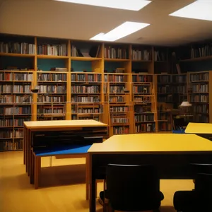 Modern library interior with wooden bookshelves and sofa