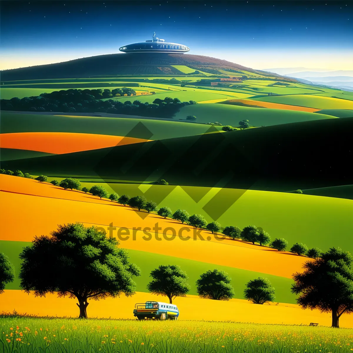 Picture of Vibrant rapeseed fields under clear blue sky