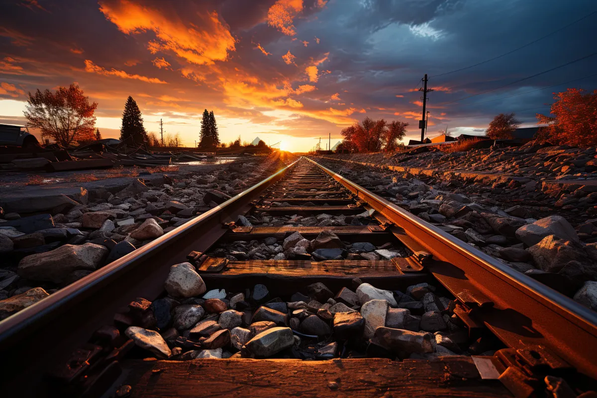 Picture of Steel railroad tracks under vast blue sky