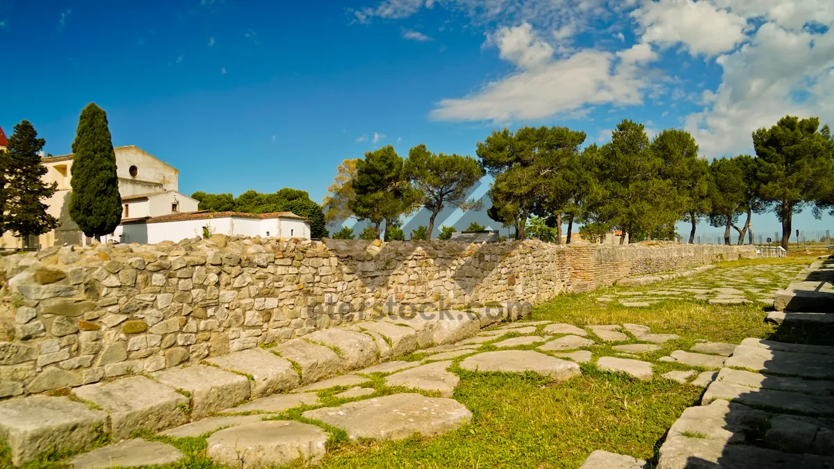 Picture of Mountain landscape with rural farm and stone maze.