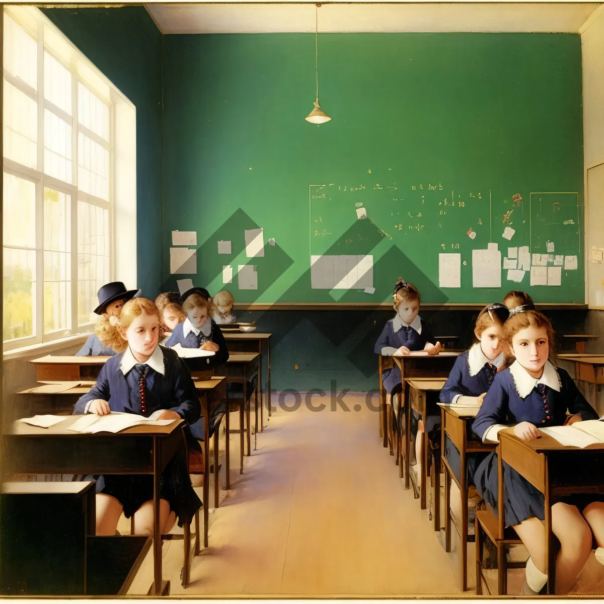 Picture of Modern Wood-Table Classroom with Empty Chairs