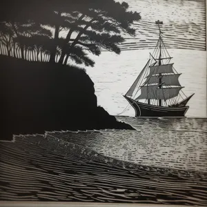 Old Pirate Ship Sailing at Sunset