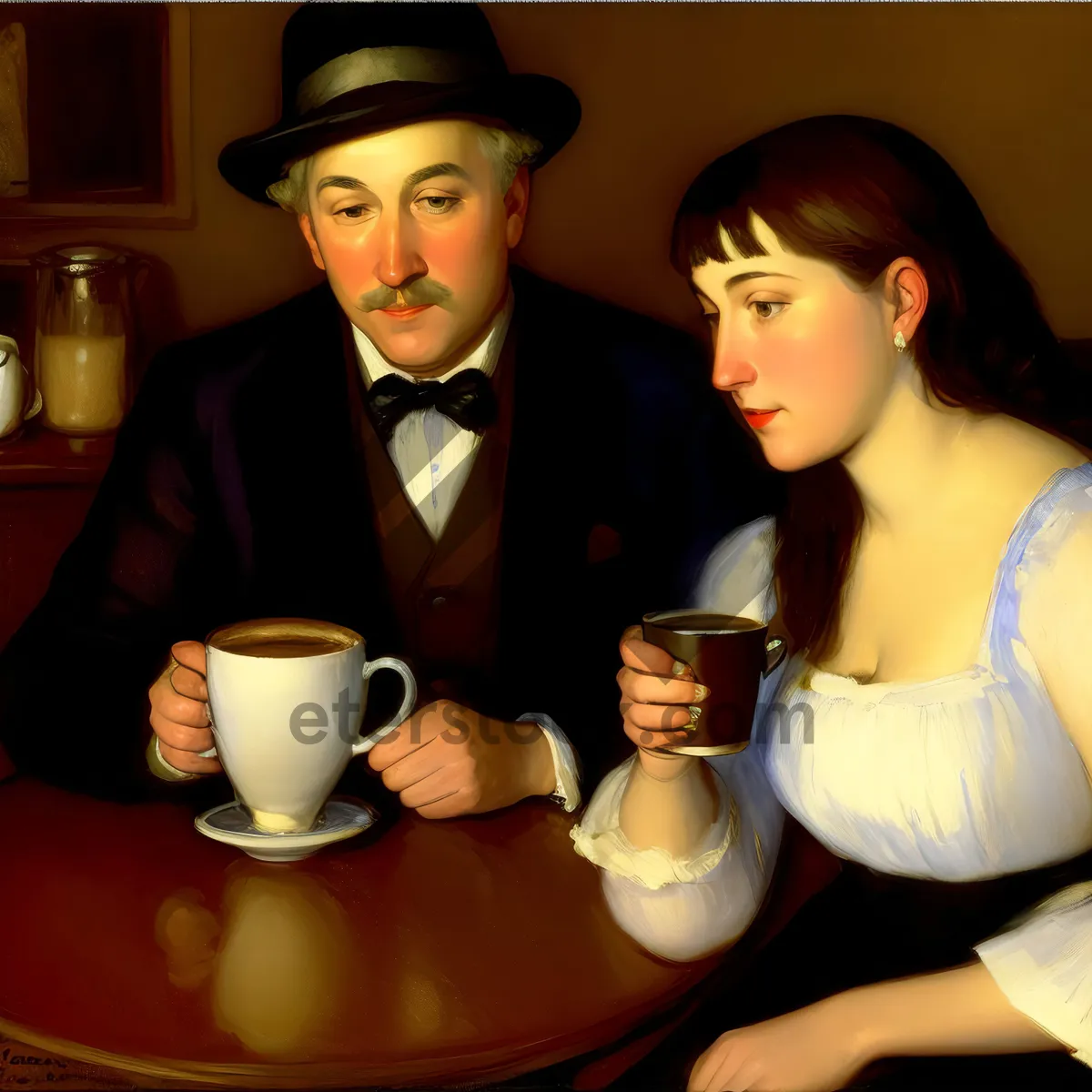 Picture of Happy couple enjoying coffee at restaurant table