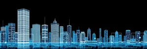 Modern city skyline with illuminated skyscrapers at night