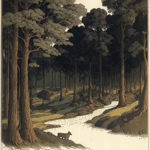 Snowy Autumn Forest River Scenery