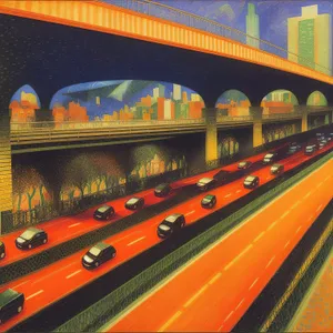 Nighttime Cityscape with Urban Transportation and Bridge