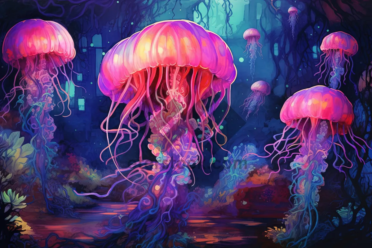 Picture of Futuristic jellyfish fractal light design texture.