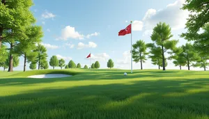 Colorful golfer playing on a scenic golf course.