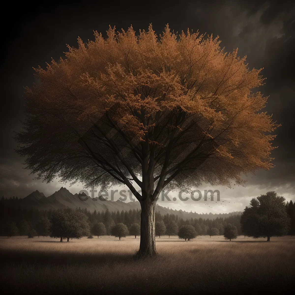 Picture of Rural Landscape with Silver Tree and Clouds