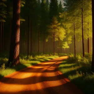 Autumn Sunlit Forest Path through Colorful Foliage