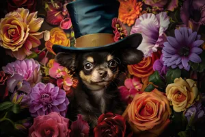 Pink Chihuahua with Flower Bouquet