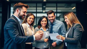 Diverse group of professionals smiling in office meeting.