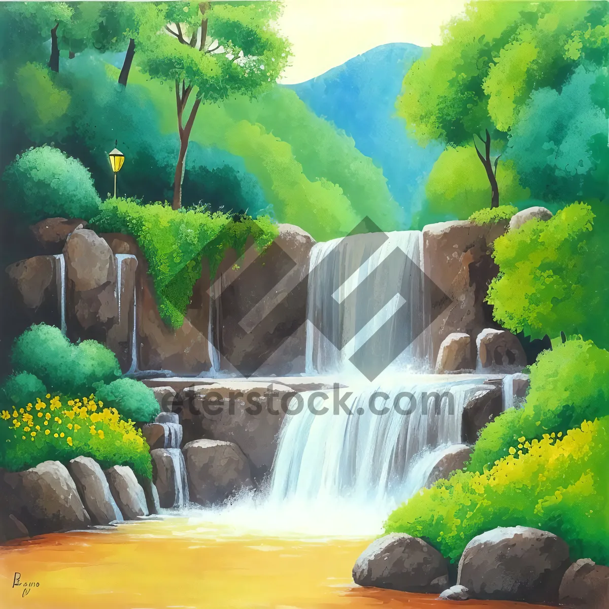 Picture of Tranquil Waterfall Flowing Through Forest