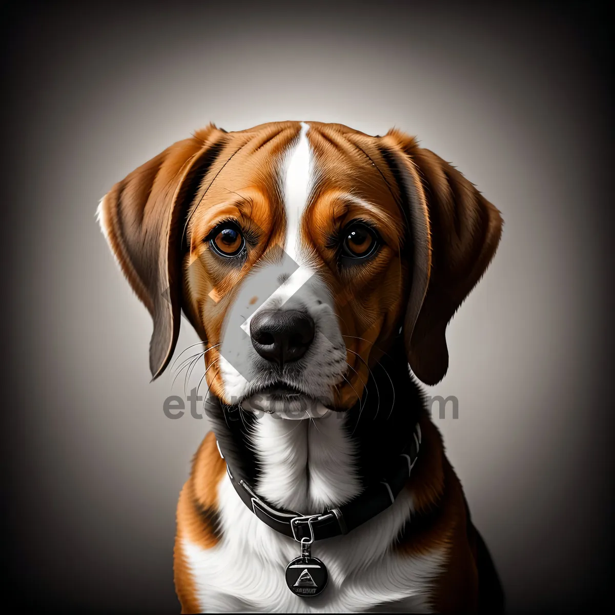 Picture of Adorable Purebred Canine with Black Collar Sitting by Fireplace