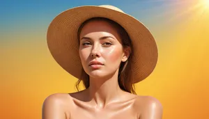 Attractive brunette model in cowboy hat smiling happily